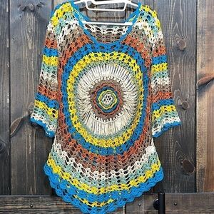 Roz & Ali Crochet Top 1X Boho Hippie Earth Tone Colorful Flared Tunic Curved Hem